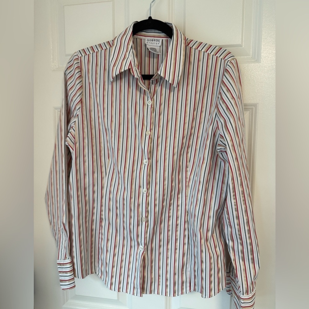 90’s Vtg George Stretch Women’s Gold Striped Button Down Shirt Top Size L Preppy